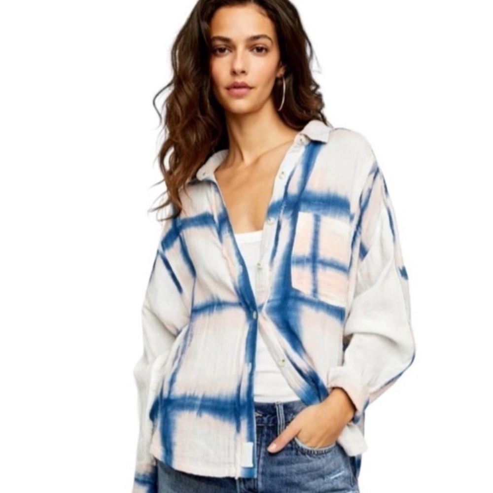 Free People We The Free Plaid Oversized Tie Dye Button Front Shirt Size XS